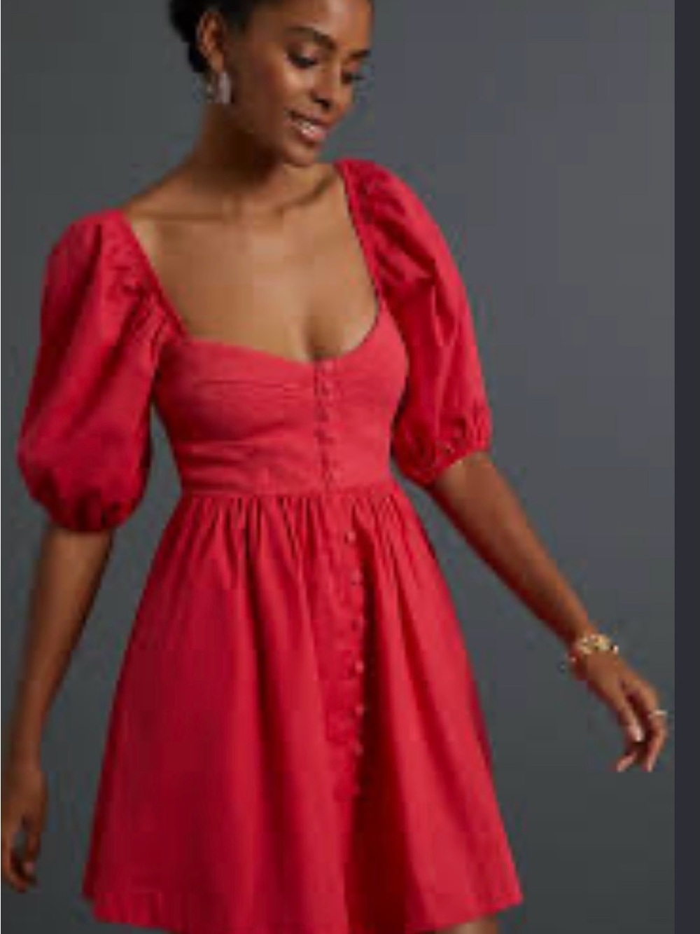 Red Puff-Sleeve Button-Front Mini Dress